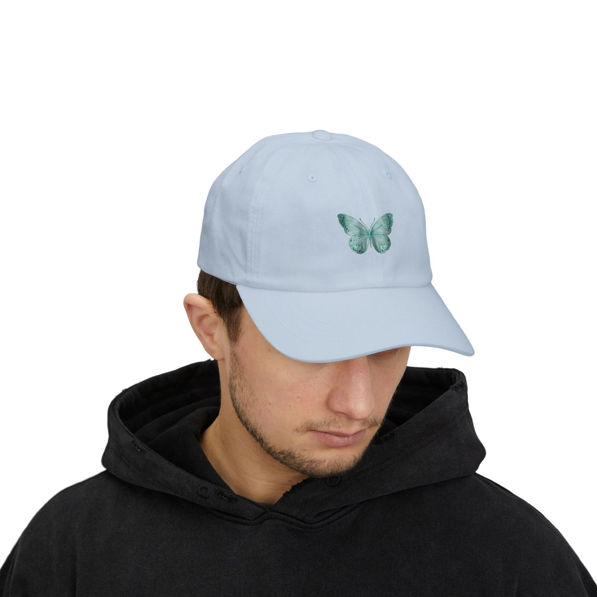 Teal Butterfly Dad Cap — Embroidered Nature Baseball Hat